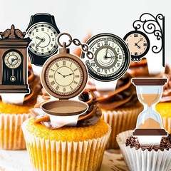 Clock Cupcake Toppers 48PCS Vintage Time Theme Decorations Retro Clock Cake P…