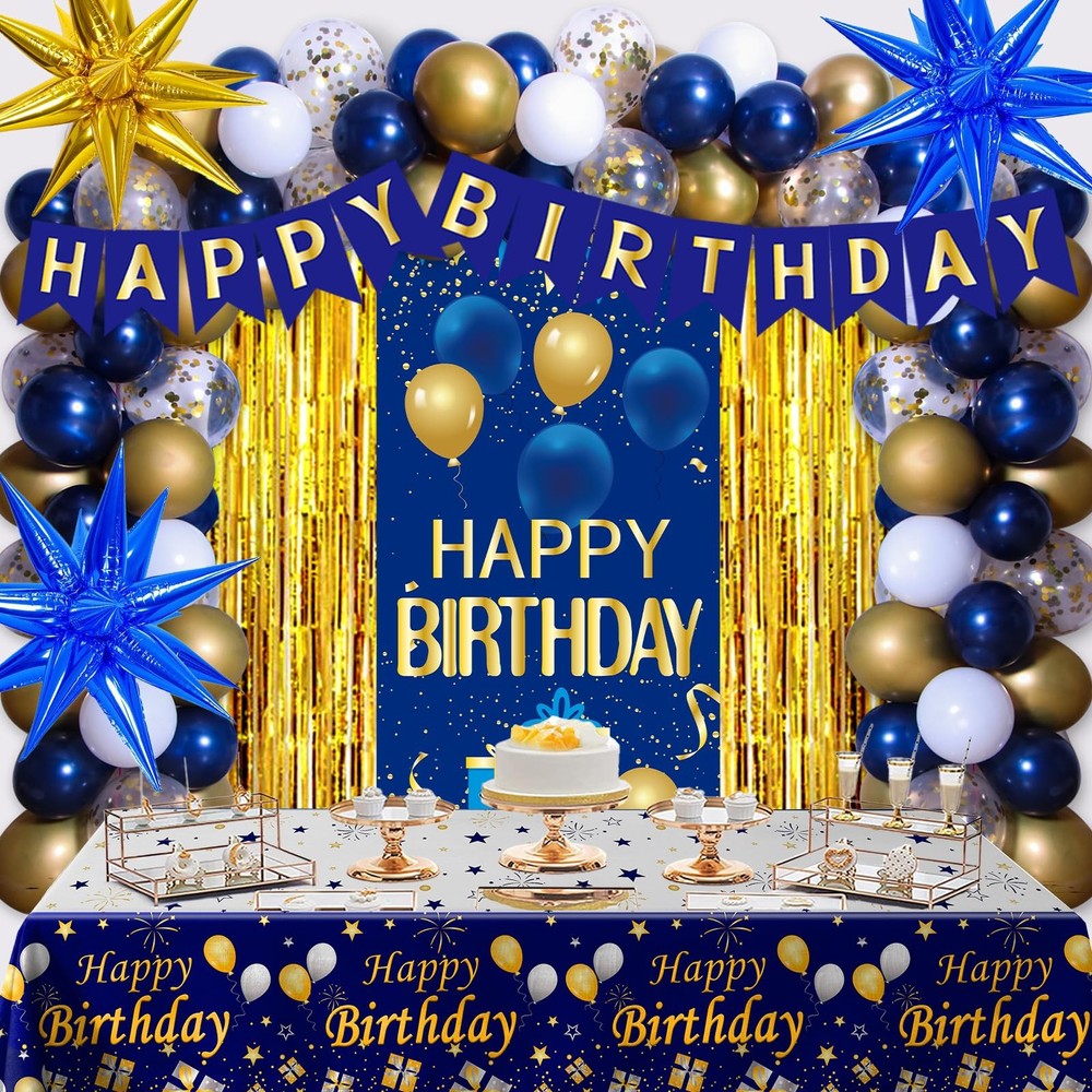Blue and Gold Birthday Decorations for Men Women, Happy Birthday Decorations for