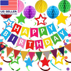 Colorful Birthday Decorations, Happy Birthday Banner with Honeycomb Balls, Stars