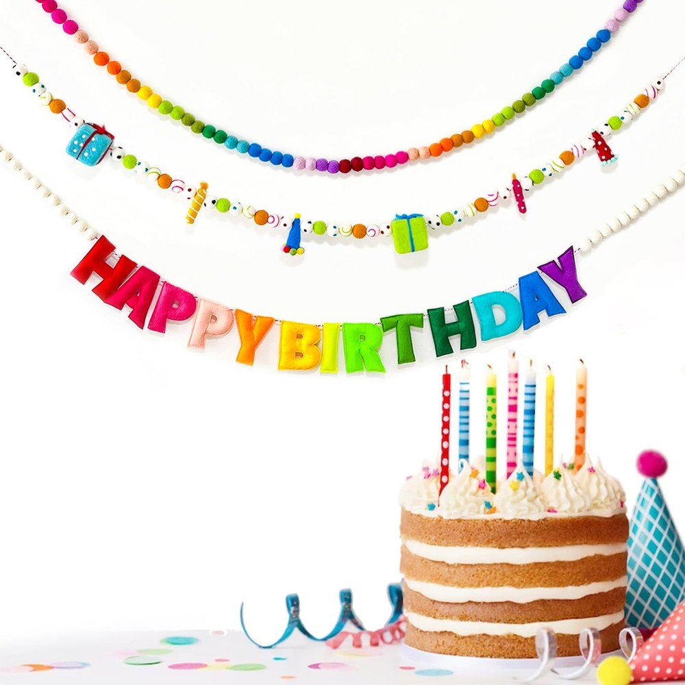 3Pcs Pre-Strung Happy Birthday Banner with Wool Balls, Rainbow Party