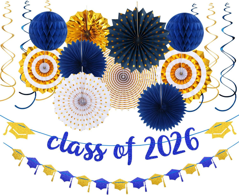 Navy-Blue Gold Party-Decorations Graduation Banner-Streamers – 18Pcs Kits Class