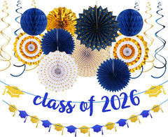 Navy-Blue Gold Party-Decorations Graduation Banner-Streamers – 18Pcs Kits Class
