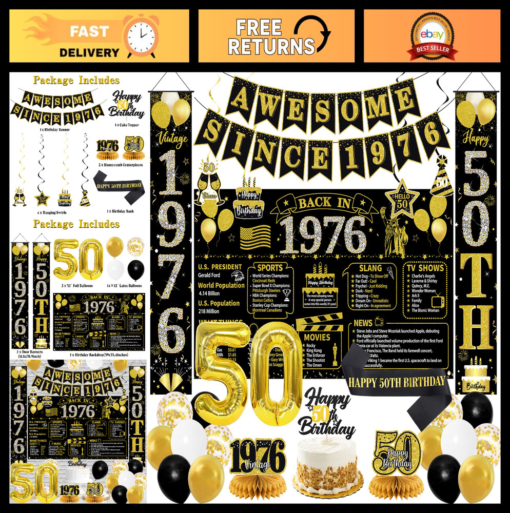 50th Birthday Party Decorations, Black Gold Backdrop, Balloons, Sash & Banners,
