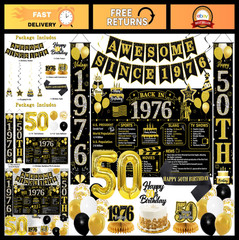 50th Birthday Party Decorations, Black Gold Backdrop, Balloons, Sash & Banners,