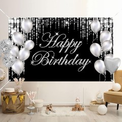 Silver Black Happy Birthday Backdrop Banner Photography Background Party Decor