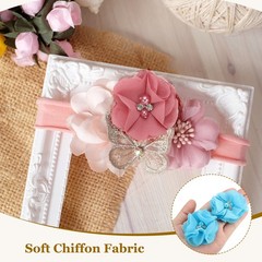 30Pcs 2″ Chiffon Flowers with Rhinestone Pearl Sewing Fabric Flowers, Lake Blue