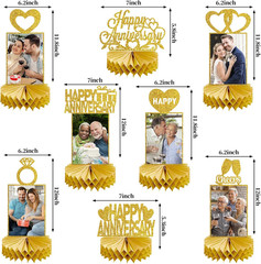 8Pcs Gold Happy Wedding Anniversary Decorations Honeycomb Centerpiece, Gold Glit