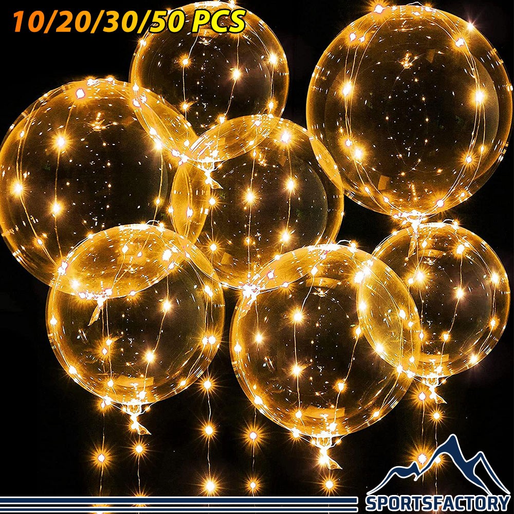 10-50 Pack LED Balloons Clear Bubble Bobo Light Up w/Warm White Lights for Party