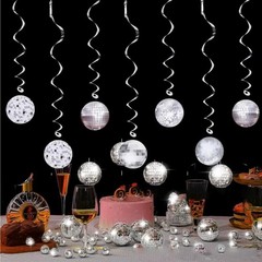 Silver Disco Ball Hanging Swirls Party Decorations Pack 6 Retro 70s Theme AU