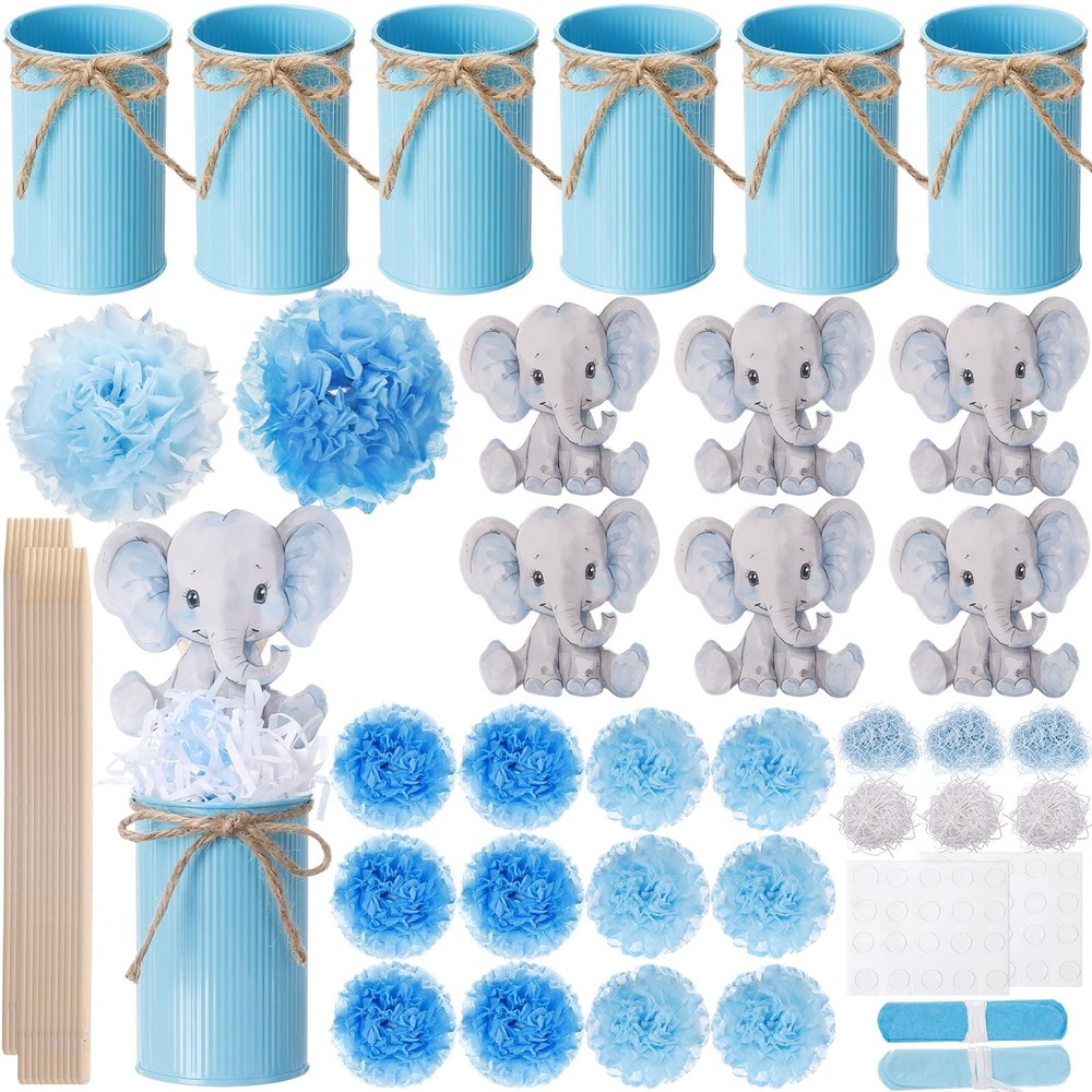 6 Sets Blue Elephant Baby Shower Vase Decorations, Cute Pom Poms Centerpieces…