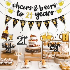 Black Gold 21st Birthday Decorations for Him Men, Glitter Pre-Strung Cheers…