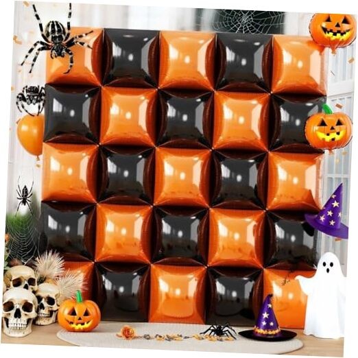 Black Orange Square Foil Balloons, 25PCS Double Sided Metallic Orange and Black