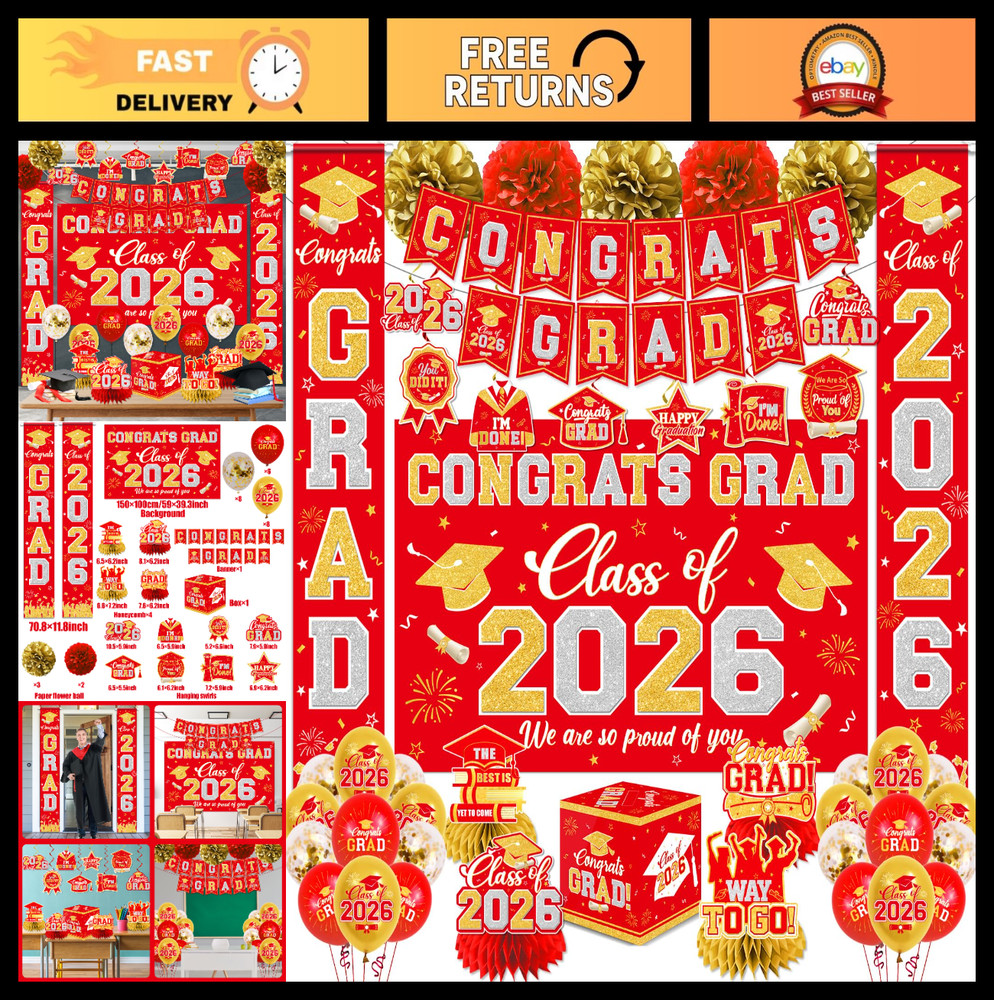 Class of 2026 Graduation Decorations Set – Red & Gold Congrats Grad Banner, Back