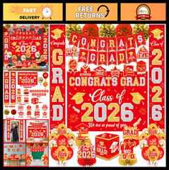 Class of 2026 Graduation Decorations Set – Red & Gold Congrats Grad Banner, Back