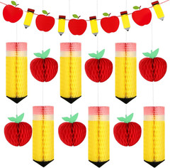 13Pcs Back to School Hanging Decorations Pencil Apple Hanging Honeycombs Classro
