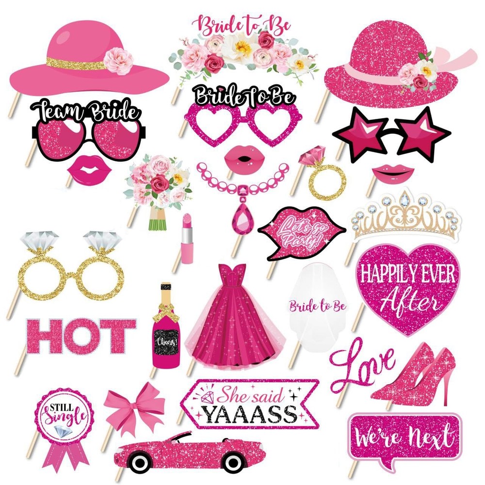 28 PCS Wedding Photo Booth Props Pink Bride To Be Selfie Mrs Party Decor