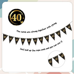 40Th Birthday Decorations Women Men – 37 Pcs Black Gold Banner Pennant Triangle