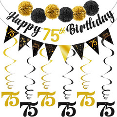 75Th Birthday Decorations Kit for Men Women, Black Gold Happy 75Th Birthday Bann