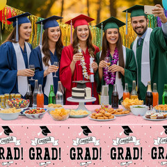 2 PCS Graduation Tablecloth, 108″ X 54″ Pink Graduation Decorations 2026, Dispos
