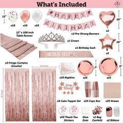 Rose Gold Birthday Party Decorations Kit 225 PC for 25 Guests – Complete Set