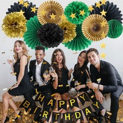 Green Black Gold Birthday Decorations with Happy Birthday Banner Hanging Pape…