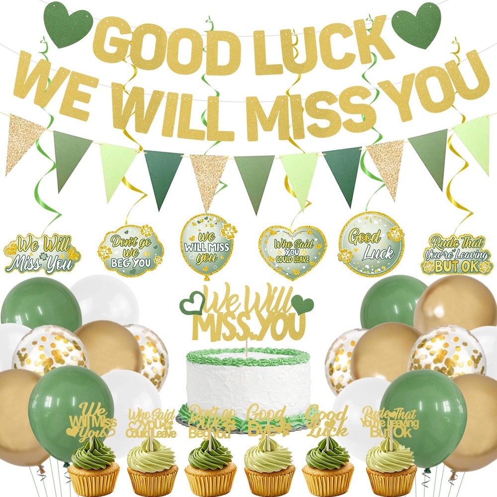 Farewell Party Decorations Women Men, Green We Will Miss You Banner Cake Topper