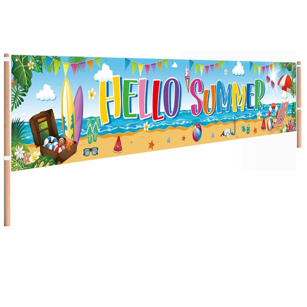 Hello Summer Banner, Beach Pool Party Decorations Outdoor Tropical Hawaiian L…