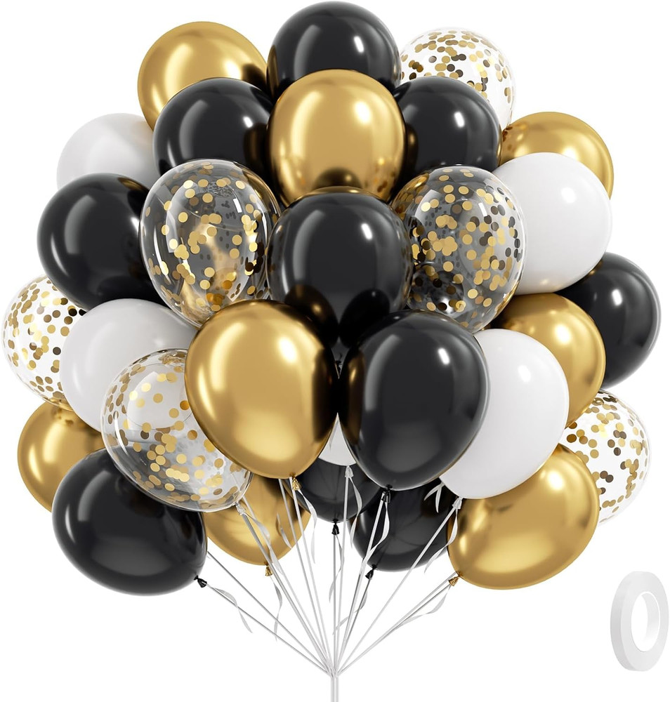 Black White and Gold Balloons, 60Pcs 12Inch Black White Metallic Gold Confetti B