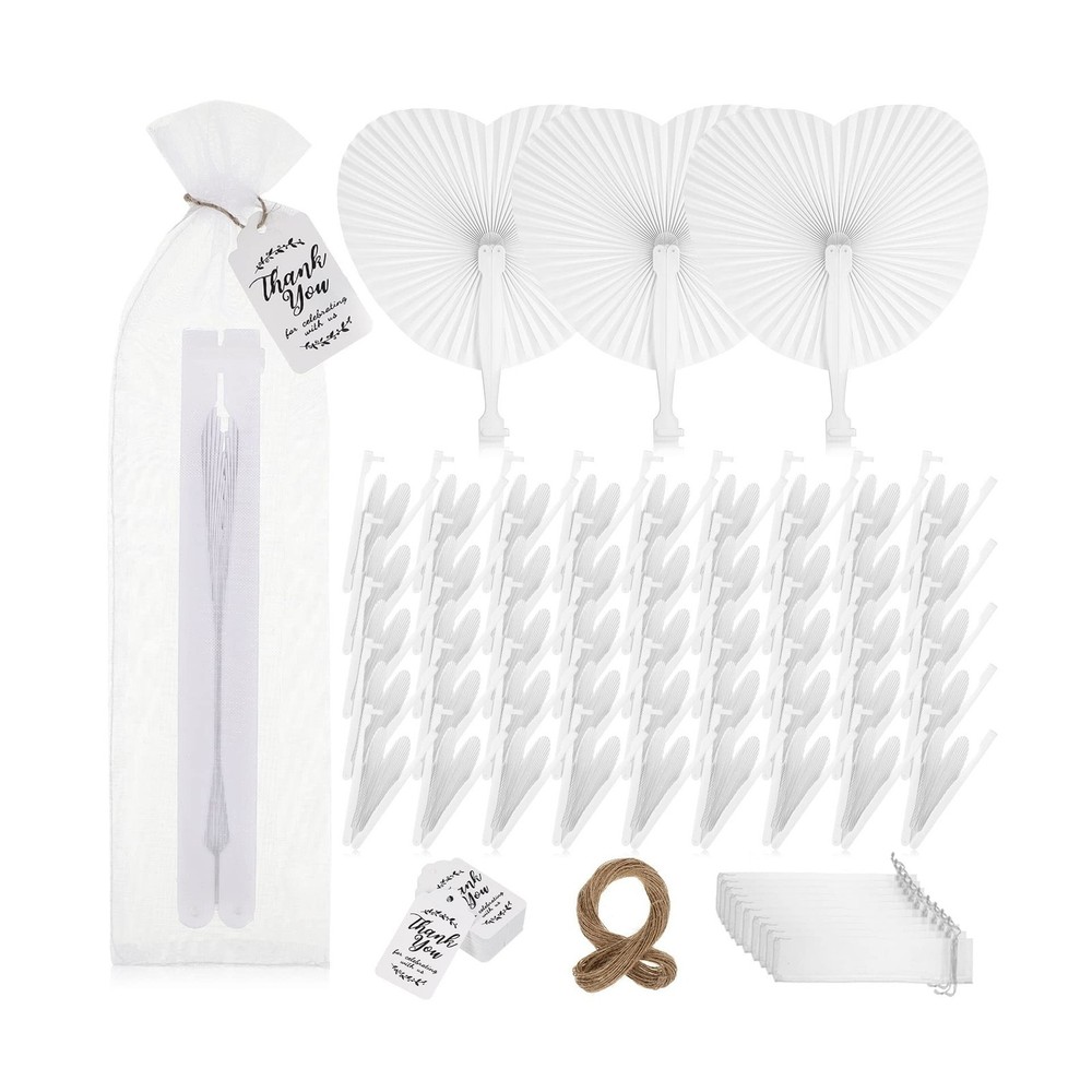 Wesiti 100 Sets Folding Handheld Fans Heart Shaped Wedding Foldable Paper Fan…