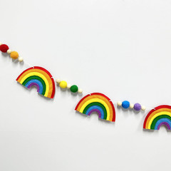 Colorful Pre-Strung Rainbow Banner Felt Wool Ball Wood Beads Garland Multicolor
