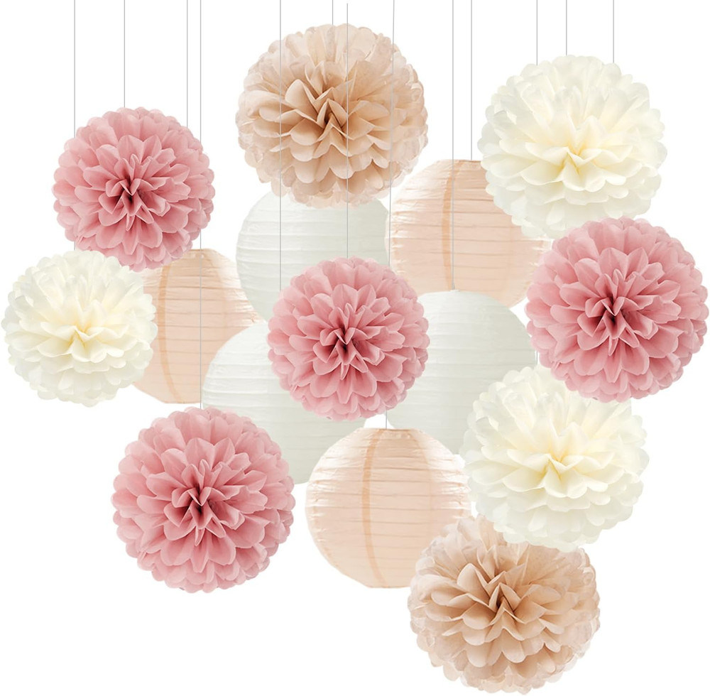 Rose Gold Pink Beige Champagne Party-Decorations Paper Lanterns | 15Pc Tea Part