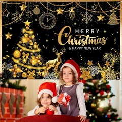 Extra Large Merry Christmas and Happy New Year Banner 72″ x 48″ Black