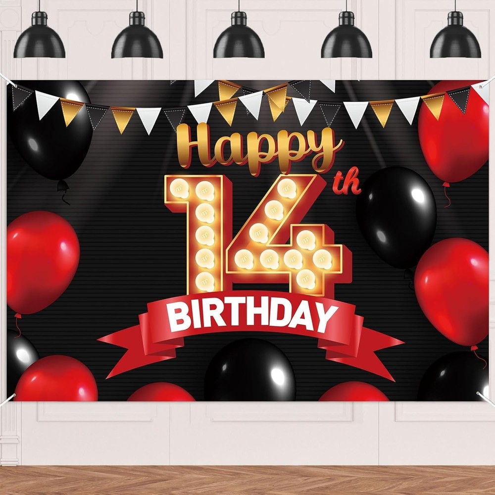 Happy 14th Birthday Black Banner Decorations Gold Backdrop Red and 14, Multi