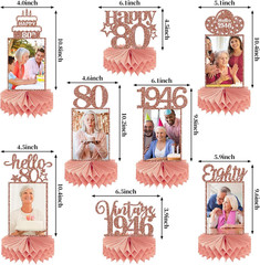 8Pcs 80Th Birthday Decorations Honeycomb Centerpieces for Womens, Pink Rose Gold