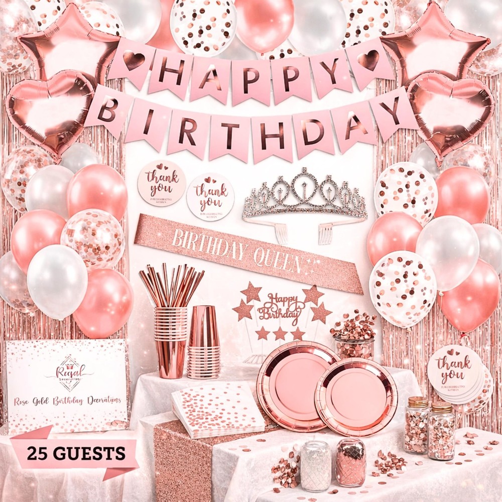 Rose Gold Birthday Party Decorations Kit 225 PC for 25 Guests – Complete Set