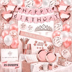 Rose Gold Birthday Party Decorations Kit 225 PC for 25 Guests – Complete Set