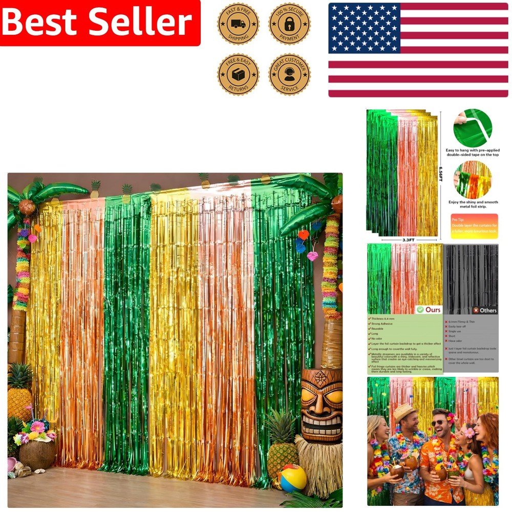 Green Gold Rose Foil Fringe Curtains for Hawaiian Luau Party Decorations 2 Pack