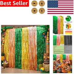 Green Gold Rose Foil Fringe Curtains for Hawaiian Luau Party Decorations 2 Pack