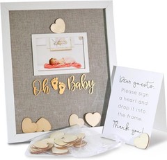 Baby Shower Guest Book Frame – 3D Shadowbox with Wooden Hearts, Gold, Unisex