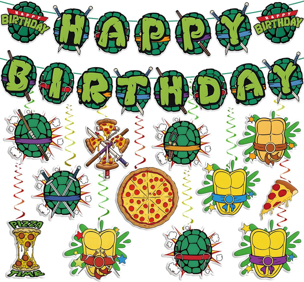 Birthday Decorations Set Include Banner and Hanging Swirls Green Happy Birthday