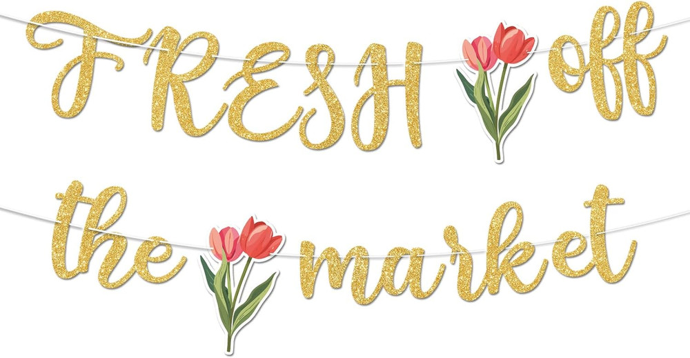 Gold Glitter Bridal Shower Banner, Floral Farmers Market Theme Decor