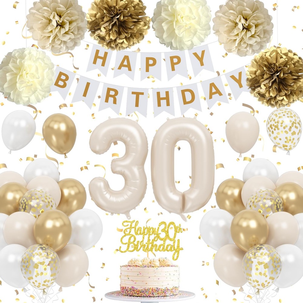 30th Birthday Decorations for Her, Beige Gold White Thirty Birthday Balloons …
