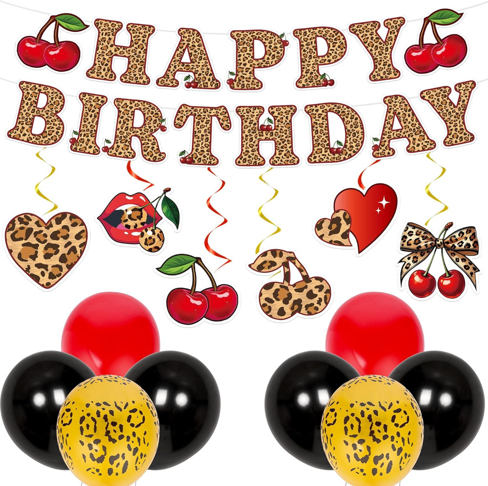 Cheetah Cherry Birthday Party Set – 16 Pcs Leopard Print Decor for Girls