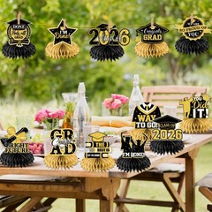 Black Gold Glitter Congrats Grad Class Of 2026 Honeycomb Centerpieces 12PK