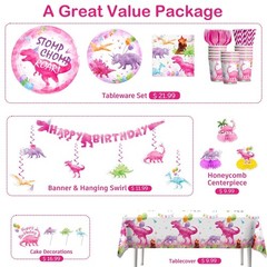 cocomigo 181pcs Pink Dinosaur Birthday Decorations Tableware Set, Watercolor …