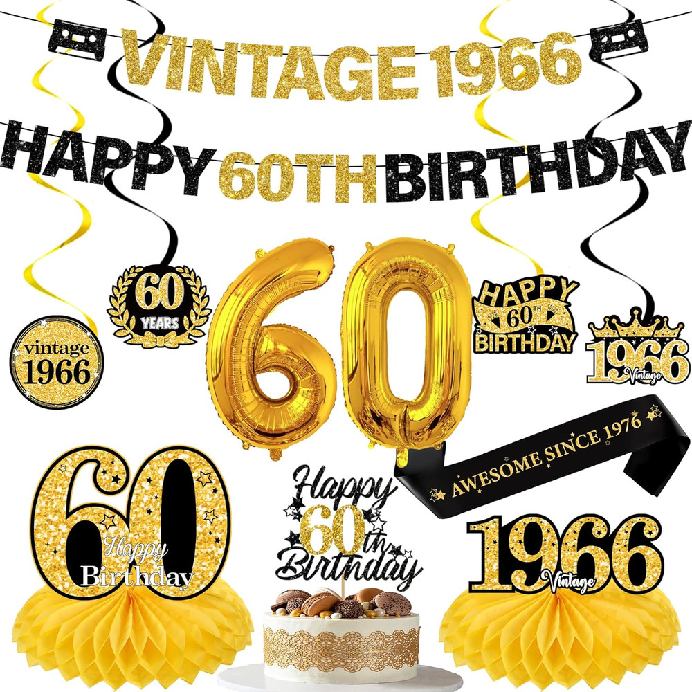 60Th Birthday Decorations Kit – Black Gold 11 Pcs Vintage 1966 Happy 60Th Birthd