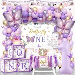 Butterfly First Birthday Party Supplies – 138PC Pink Purple Decor, Backdrop, Bal