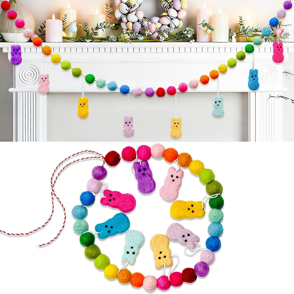 6.56FT Easter Decorations Garland, Handmade Wool Felt Rabbits Bunny Easter Ba…