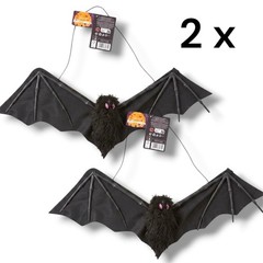 Halloween Hanging Bat Decoration Set of 2 Black Furry Flying Bat Prop New