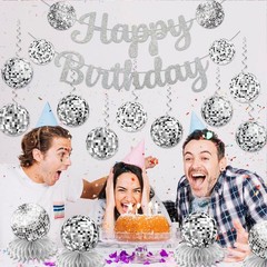 Disco Birthday Party Decorations – Silver Disco Ball Banner, Honeycomb Center…